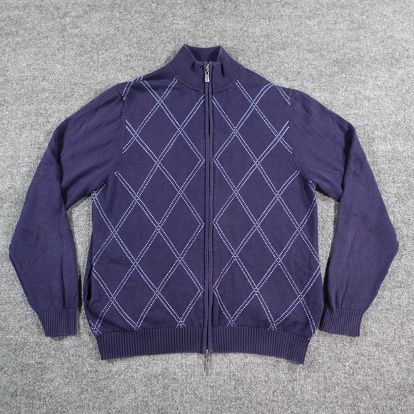 Brooks Brothers Sweater Men L Blue Zip Pima Cotton Knit Argyle St Andrews 14570 - Picture 1 of 11